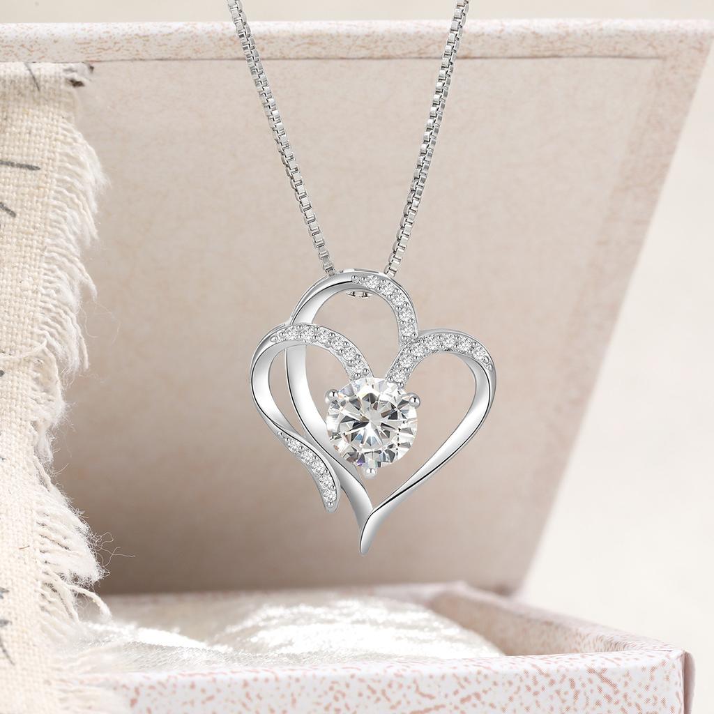 Double Heart Pendant Necklace Female, Premium Inlaid Color Zircon Heart-To-Heart Love Necklace