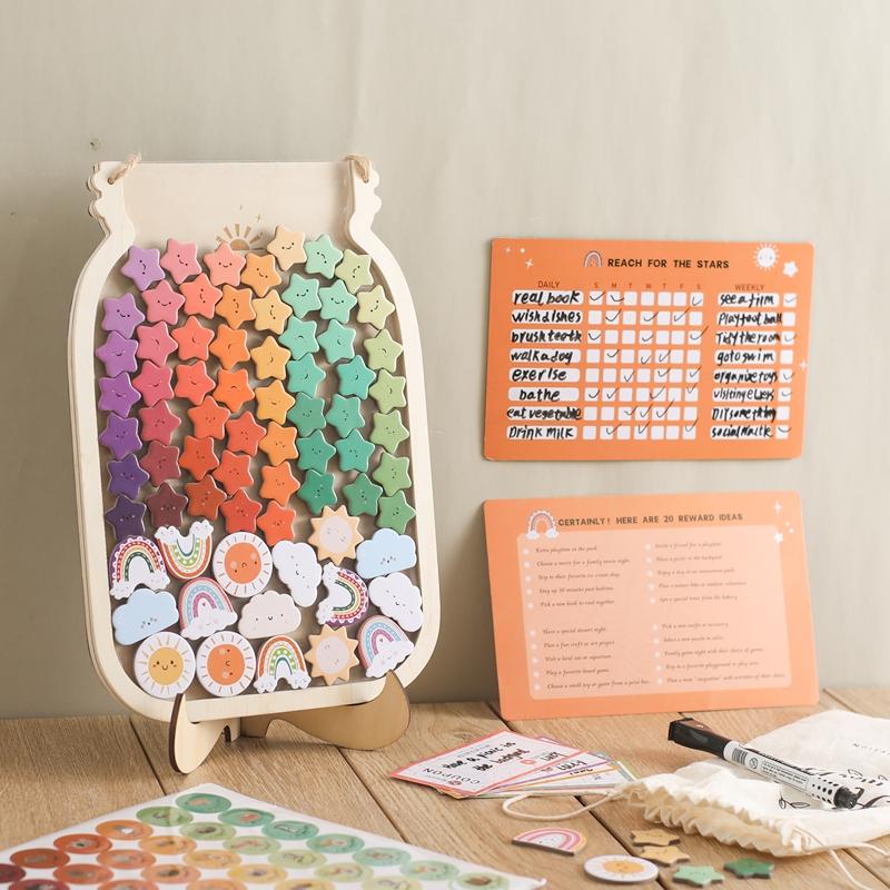 Kids Reward Jar with Stars, Candy,Cards That Can Be Recorded Kindergarten Family Reward Collection Jar Baby Wish Progress Item