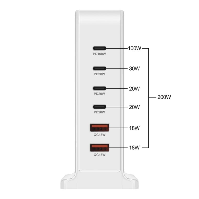 USB C Ladegerät 200W Schnellladegerät Block 6 Port Ladestation Ziegelstein Laptop-Ladegerät 2 USB + 4 Typ C für Reisen Zuhause