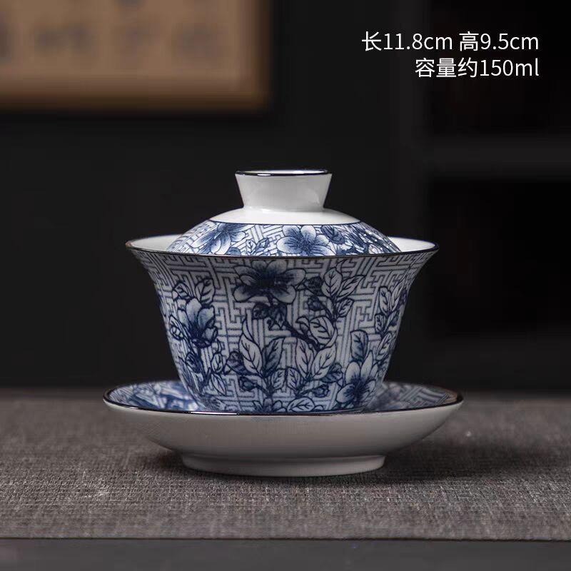 Blue And White Porcelain Sancai Cover Bowl Dehua Ceramics Retro Home Office Single Tea Bowl Teacup Kung Fu Tea Set