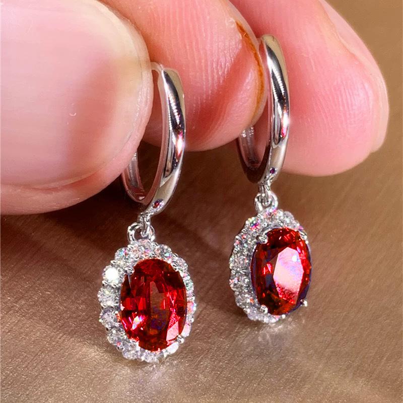 Oval Blue/Red Cubic Zirconia Dangle Earrings for Women Luxury Silver Color Wedding Accessories Elegant Lady Trend Jewelry