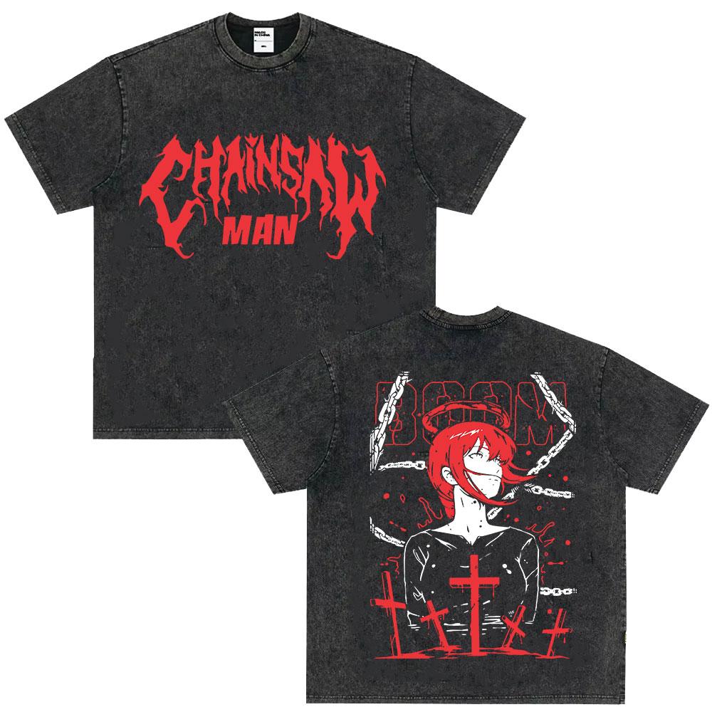 Japanese Anime Chainsaw Man Kobeni Metal Denji Tshirt Vintage Washed Manga Graphic T Shirts Unisex Couples Short Sleeve T Shirt