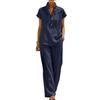 Women Cotton Linen Piece 2 Sleeve Button Sets Short Up V Neck