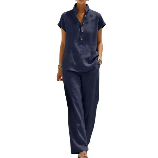 

Women Cotton Linen Piece 2 Sleeve Button Sets Short Up V Neck L темно-синього кольору