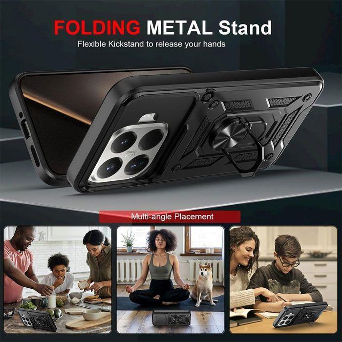 Coque - E.F.CONNECTION - pour Xiaomi 15T - Rigide Antichoc avec Anneau et Protection Objectif Coulissante - Noir