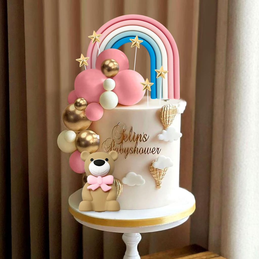 22pcs Pink Bear Cake Decoration Pink White Blue Rainbow Golden Ball Star Cake Top Baby Girl Shower Birthday Cake Decoration