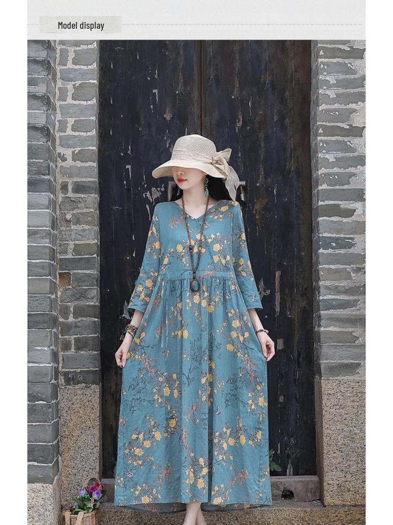 2026 Summer Retro Print Cotton & Linen Long Dress for Women
