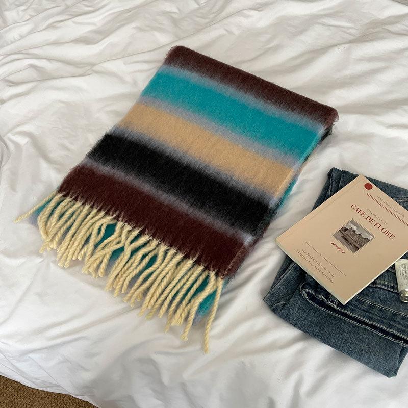 Rainbow Striped Scarf Women's Premium Sense Versatile Tassel Ball Warm Scarf Christmas Atmosphere