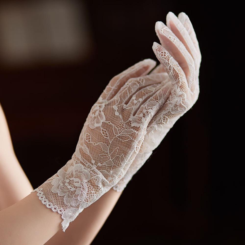 Floral Short Lace Gloves Full Finger Lace Mesh Gloves Sexy Wedding Gloves  Women