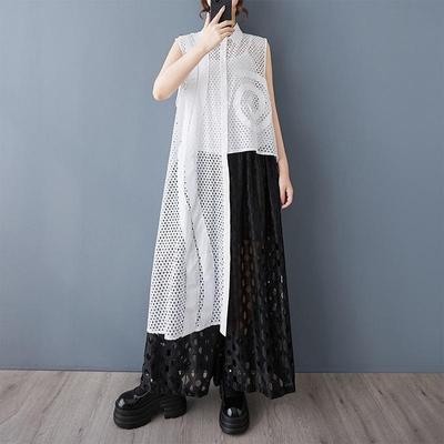 Sleeveless Oversized Cotton Mesh Shirts & Blouses for Blouse Casual Loose Summer Tops Women Button Up Shirt