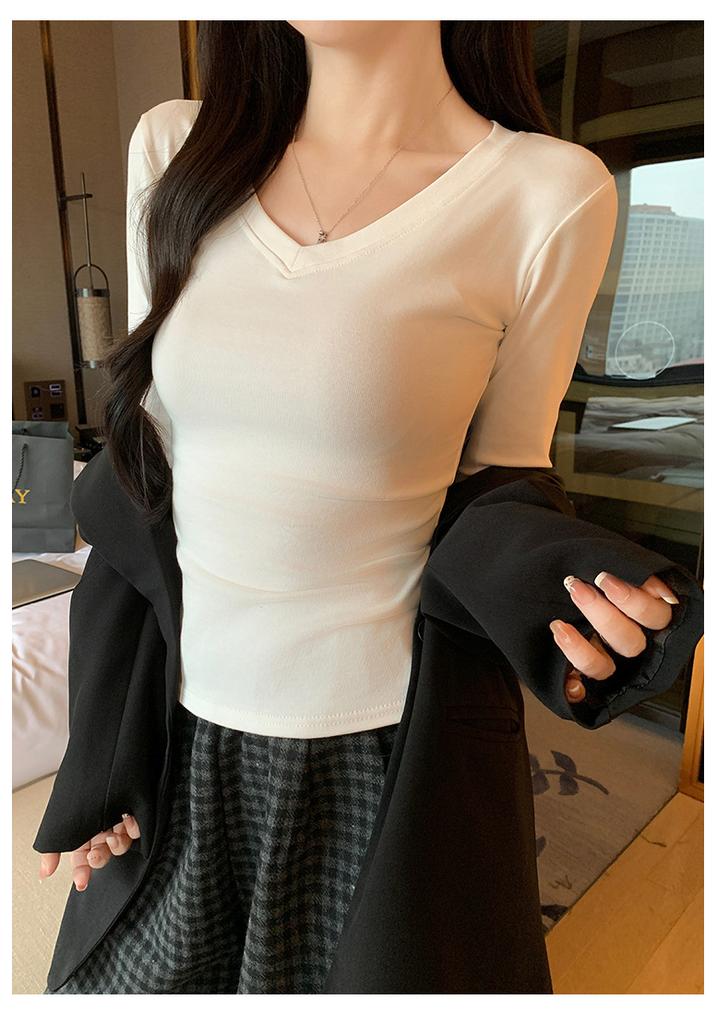 V Neck Long Sleeve Slim Fit Cotton T Shirt Basic Inner Top
