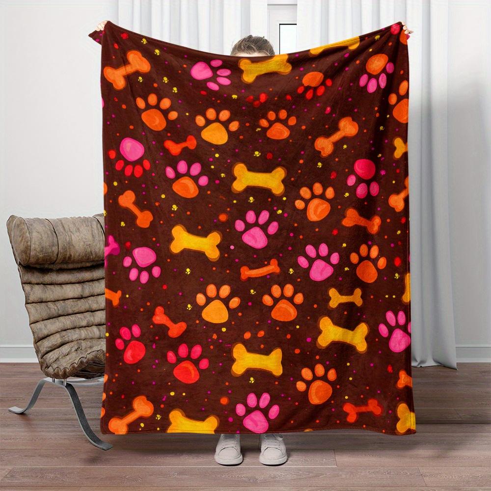 Dog Paw Prints and Bones Pattern Blanket Soft Flannel Throw Home Decor Art Print Pet Theme Bedding Gift for Dog Owners
