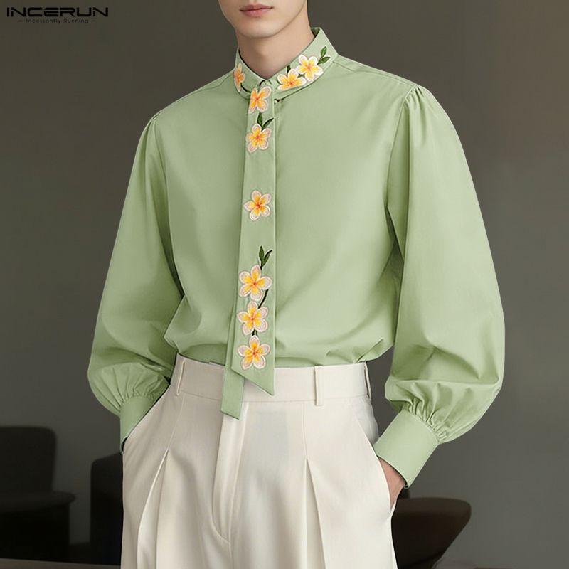 INCERUN Men Lapel Neck Long Sleeve Tie Up Buttons Up Floral Print Casual Shirts
