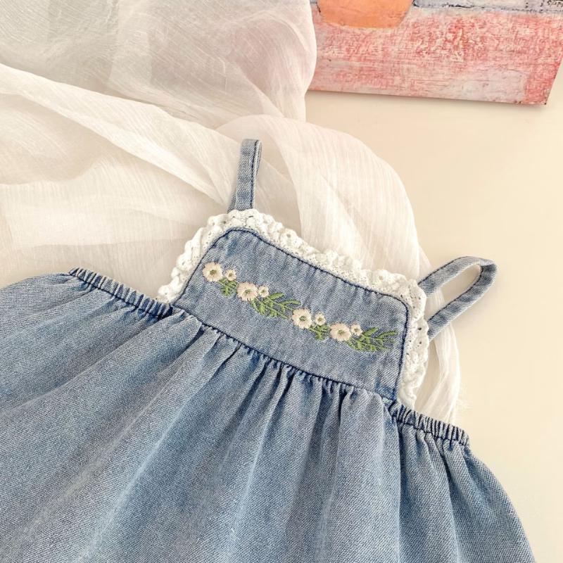Girls' Embroidered Denim Strappy Top & Wide-Leg Pants Set