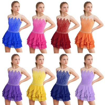 Rochie de patinaj artistic fantezie pentru copii, Rochie de dans liric modern din tul pentru fete, Gimnastică, Strassuri, Fără mâneci, Volane în cascadă, Rochii tutu cu volane