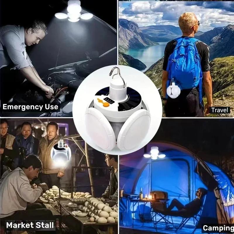 Portable Solar Camping Lantern LED Rechargeable Hanging Tent Lamp, Foldable Football Bulb with Hook Emergency Light for Outdoor Hiking Fishing