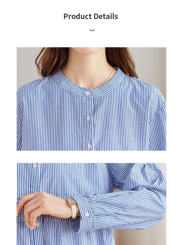 2025 Women's Pure Cotton Striped Long Sleeve Round Neck Shirt – Comfortable, Breathable, Versatile Casual Classic