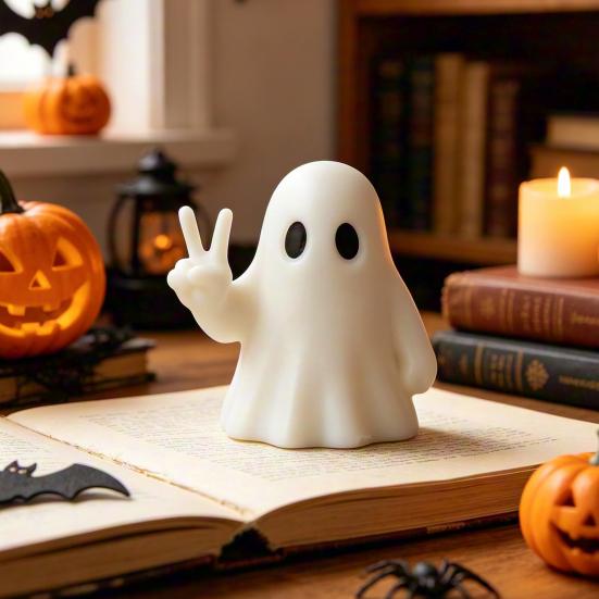 Modern Ghost Table Decor Halloween Figurine with Peace Sign, Spooky White Matte Statue, Cute Tabletop Ornament for Shelf, Party Gift One-piece Printed