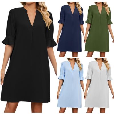 Women's Casual Plain V-neck Loose Pleated Five-quarter Sleeve Dress Summer