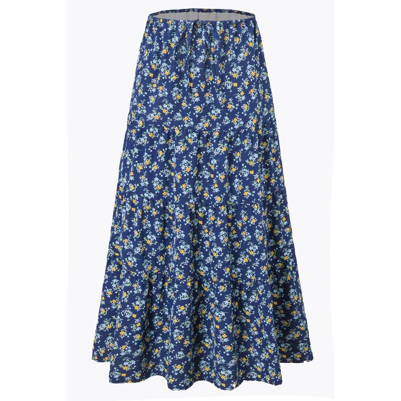 Women's Casual Maxi Skirts Summer Boho Solid Beach Elastic High Waist Pleated A-Line Flowy Swing Long Maxi Skirts Elastic Waist Long Skirt for Women