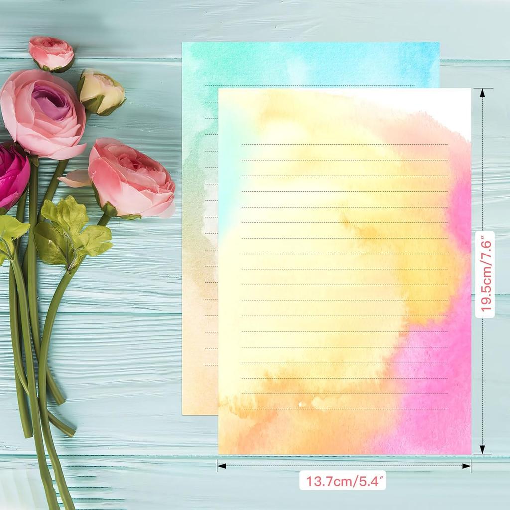 Watercolor Stationary Paper and Envelopes Set, 24 PCS Colorful Writing Stationery Paper with 12 PCS Envelopes,Pretty Watercolor Styles Stationery