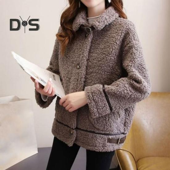 Winter Women Coat Single-breasted Turn-down Collar Long Sleeves Loose Thick Plush Pockets Belt Decor Windproof Warm Jacket