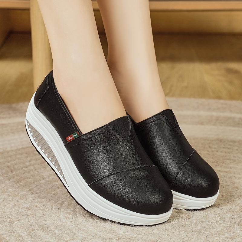 Women Platform Loafers Students Casual Black Leather Elevator Shoes Thick Sole Height Increase White Sneakers