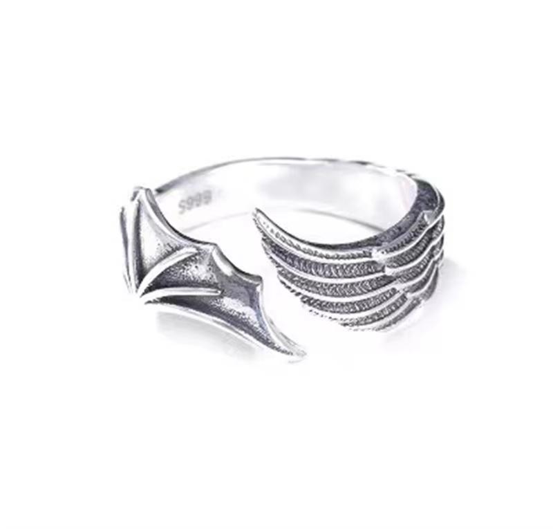 FTCY 2 Pcs Vintage Angel Devil Wings Adjustable Rings for Men Women Hip Hop Retro Silver Color Couples Rings Party Gifts Jewelry