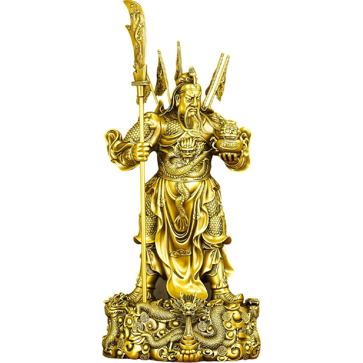 Brass Nine Dragons Guan Gong Feng Shui Statue – Chinese Warrior God Symbol of Wealth & Protection, Decorative Figurine for Office Desk or Home