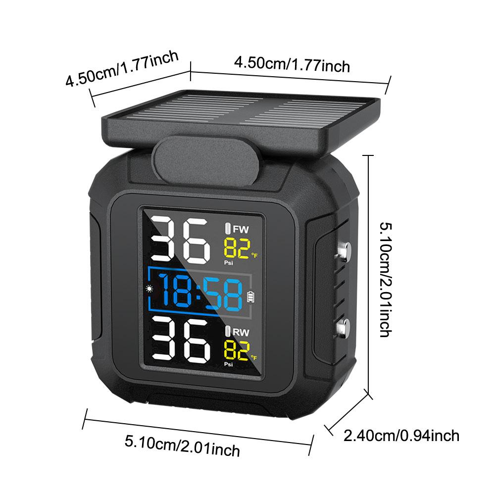 Motocyklový TPMS Moto Systémy alarmu pneumatik Solární energie Reálný čas Se 2 externími senzory Systém monitorování tlaku v pneumatikách Teplotní alarm