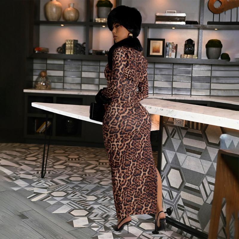 Women's Halter Split Long Dress with Stylish Fluffy Long Sleeve Print Two-piece Set