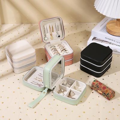 Multifunctional PU Leather Jewelry Box Going Out Portable Ring Necklace High-end Zipper with Mirror Mini Jewelry Storage Box