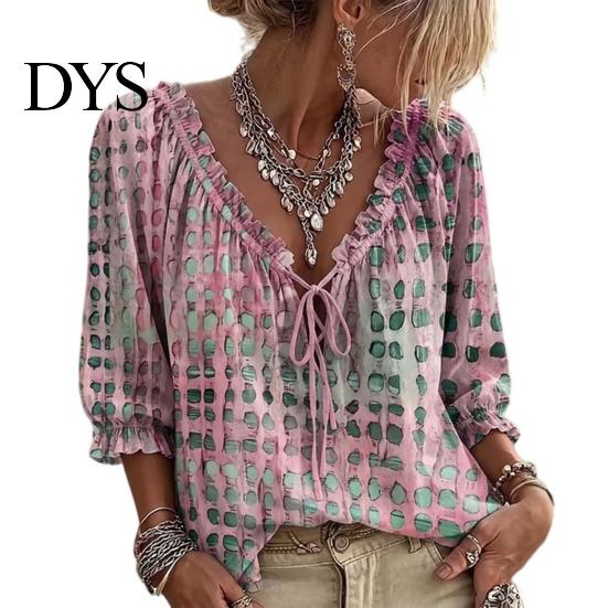 Dreiviertel Puffärmel Oberteil Damen Sommer Lässig Hemd, V-Ausschnitt Schnürung 3/4 Bluse, Kariert Boho Locker Bluse Druck Fließende Oberteile, Leicht Atmungsaktiv