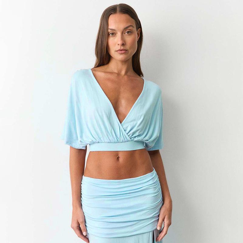 Women s New Spring/Summer Deep V-Neck Cross-Pleated Cropped Batwing Sleeve Short Sleeve Top S синий