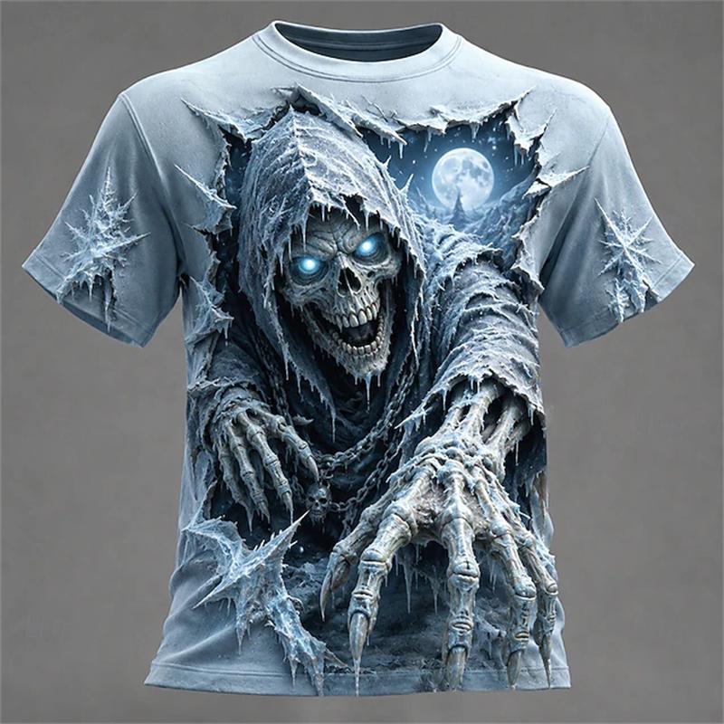 Men's New Summer Fashion Trend Round-Neck T-Shirt Giant Ram Skull Castle Wizard Dark Magic Hell Halloween-Themed Short-Sleeve