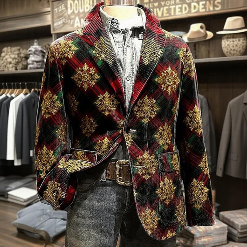 Men's Printed Corduroy Warm Pocket Suit Jacket Cardigan Men's Casual Suit