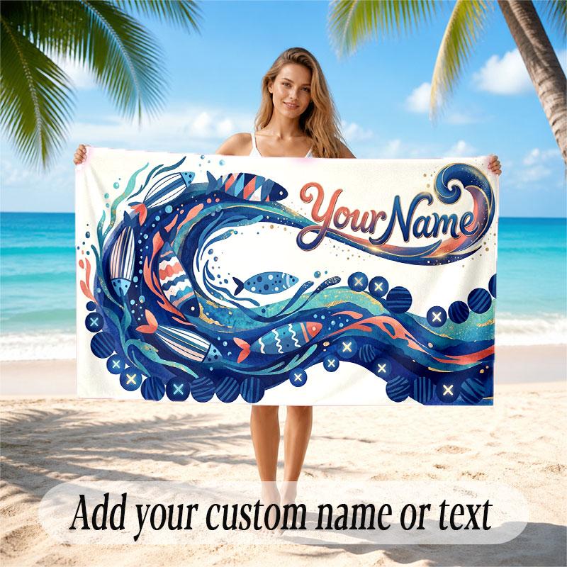 Fish Ocean Theme Beach Towel Personalized Custom Name & Text Soft Quick Dry Beach Towel for Swimming Travel