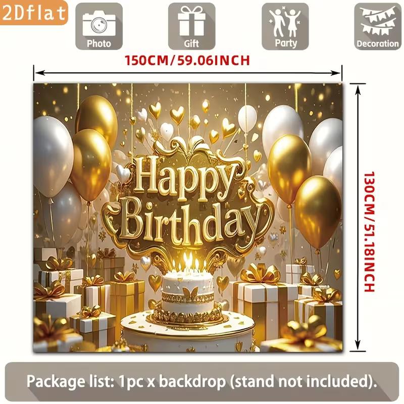 2D Shiny Gold Glitter Happy Birthday Backdrop Banner Party Decoration