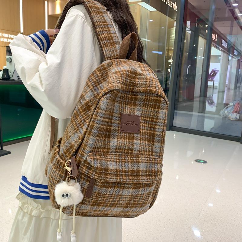 Schultaschen-Rucksack für Damen, wollener Herbst/Winter neuer Mittelschulrucksack, einfacher karierter Reiserucksack, Schulranzen im College-Stil