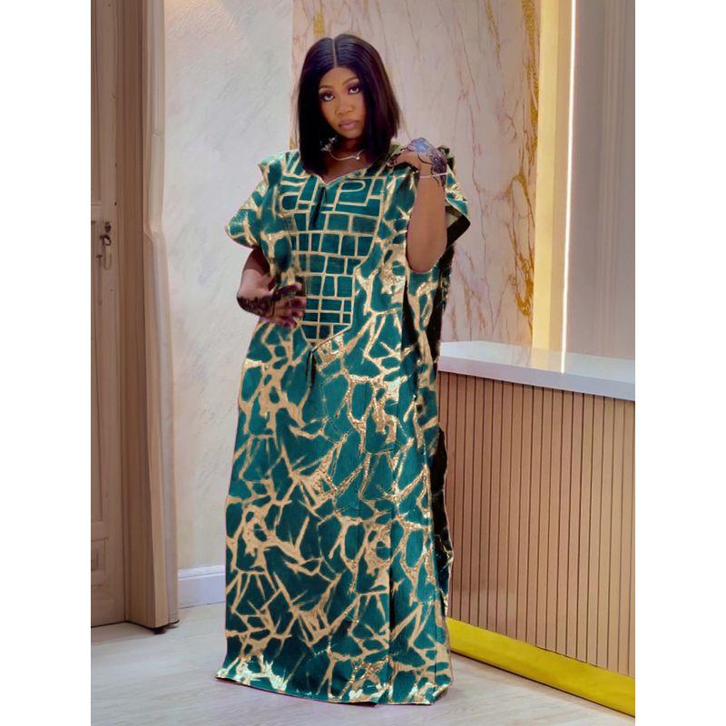 Summer African Indonesian Glossy Fabric Printed Tape Headscarf Short sleeve Robe Loose Women Tassel Dress Dresses