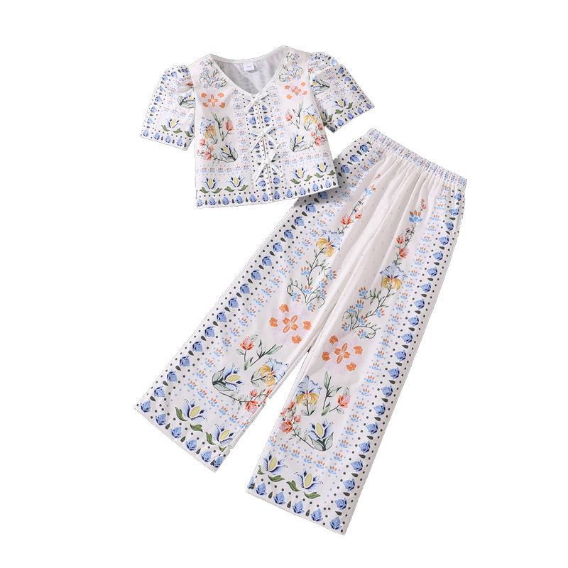 Girls' Fashion White Set: Spring/Summer Children's Casual Two-Piece Set with Puff-Sleeve Top and Wide-Leg Pants