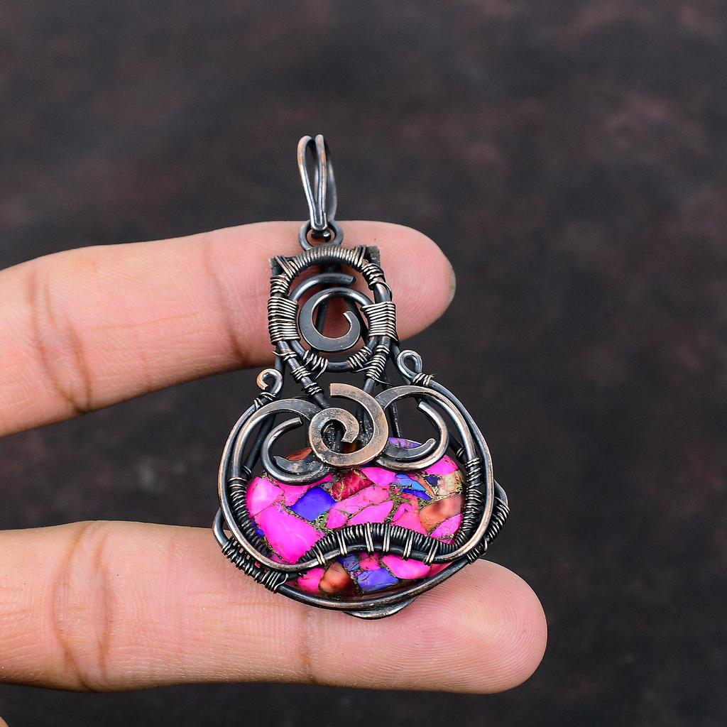 Natürlicher Kingman Pink Dahlie Türkis Anhänger Kupferdraht gewickelt Edelstein Anhänger Handarbeit Schmuck Designer Anhänger Kupfer Schmuck als Geschenk