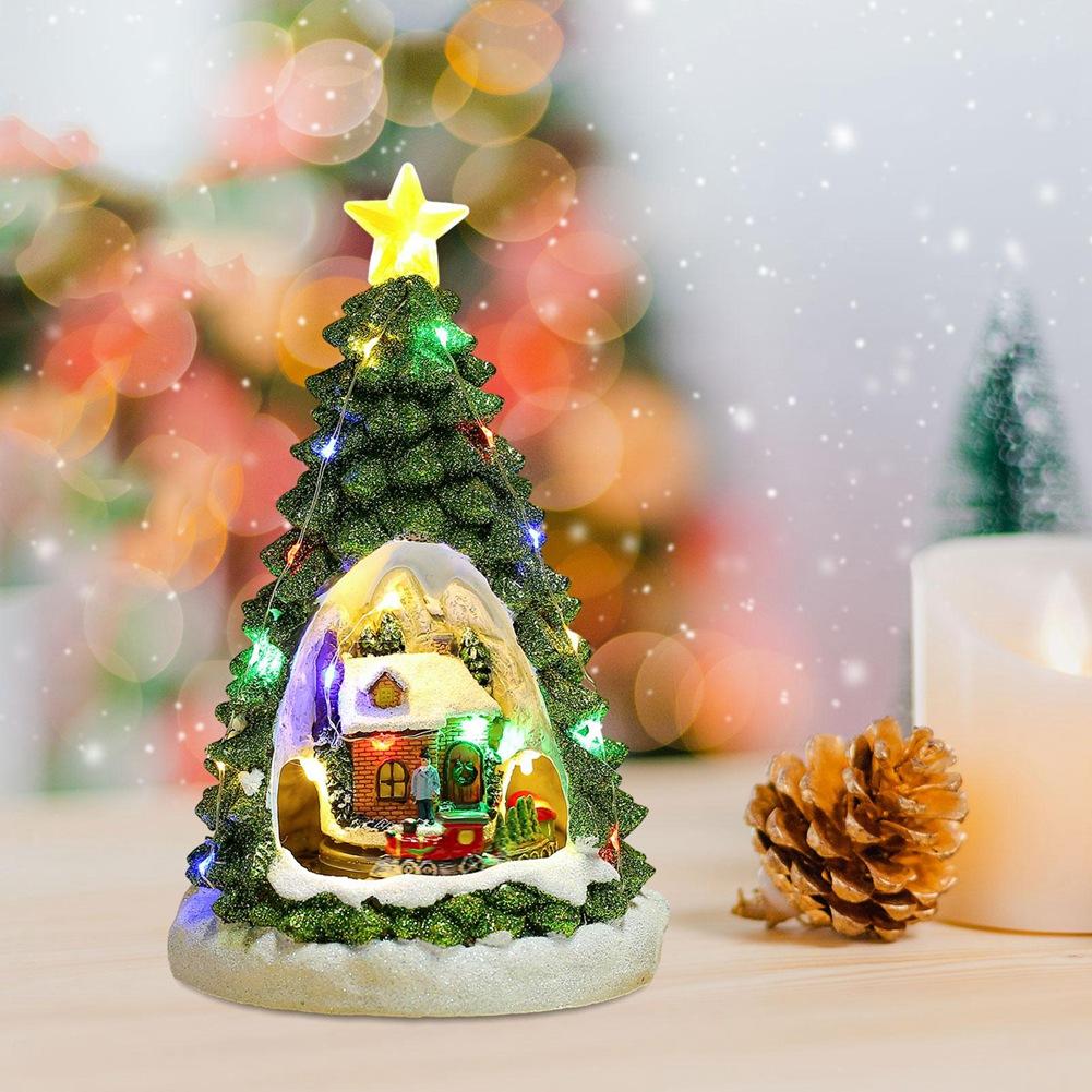 M-Modern-Christmas Tree Light House Music Decoration Adult Children Rotating Train Winter Scene House Desktop Holiday Decor