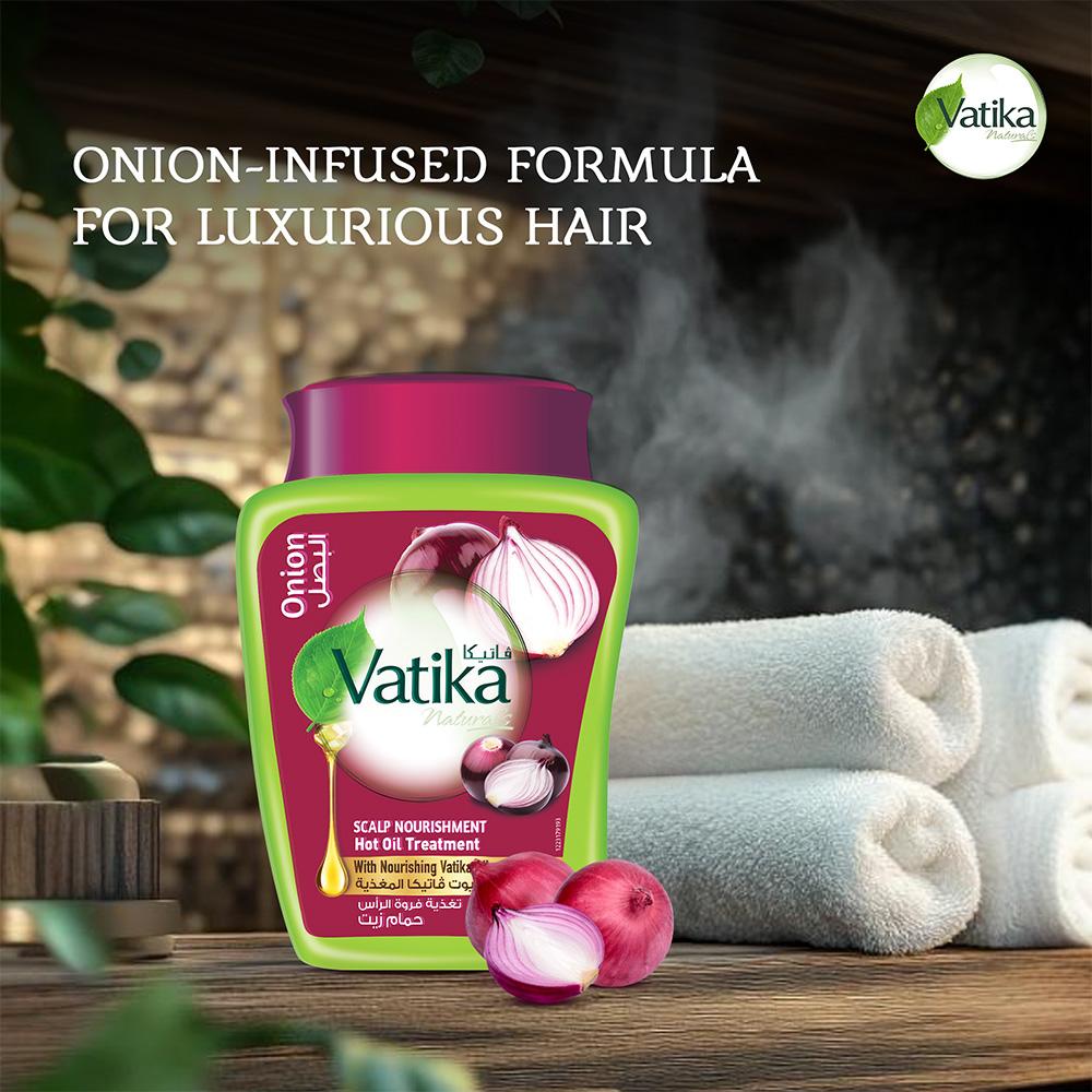 Masque Capillaire à l'Oignon Vatika Naturals Hammam Zaith - Traitement à l'Huile Chaude, Nutrition du Cuir Chevelu avec Extraits d'Oignon et Huiles Nourrissantes Vatika 500g.