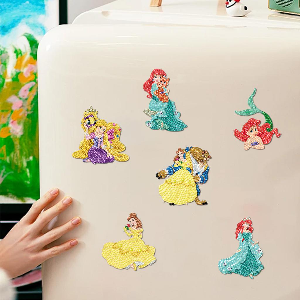 6Pcs DIY Diamond Painting Refrigerator Magnets, Disney Princess Theme, Cross-stitch Round Diamond Handicraft Home Decoration Gift