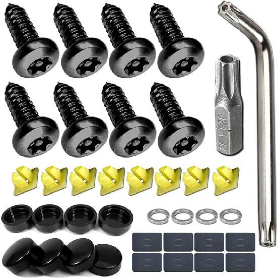 BGGTMO Black License Plate Screws- Stainless Steel Plate Mounting Hardware For Car Tag Frame, Anti-Theft Security Self-Tapping Screws Fit Front