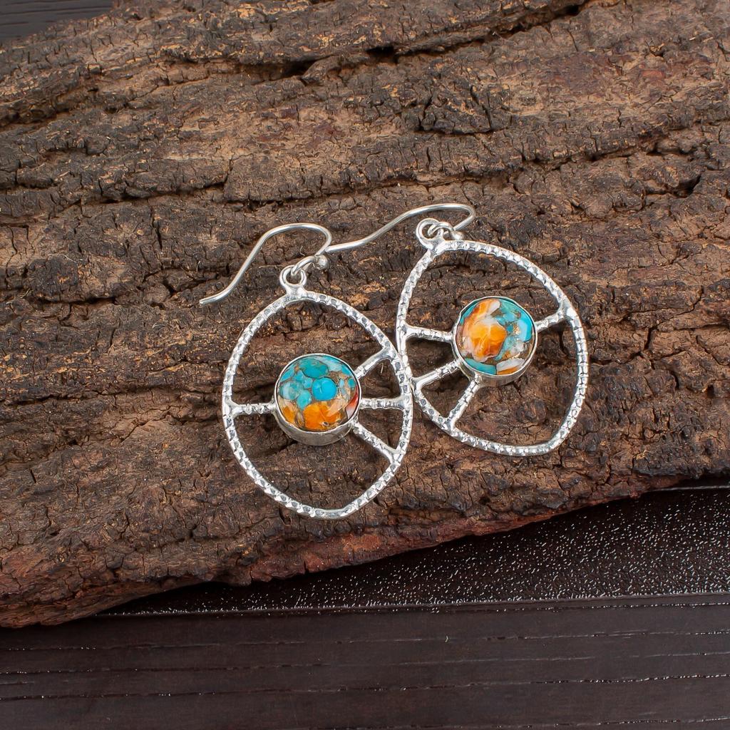 Spiny Oyster Gemstone 925 Sterling Silver Handmade Jewelry Women Earrings 2.00" EE-52-36