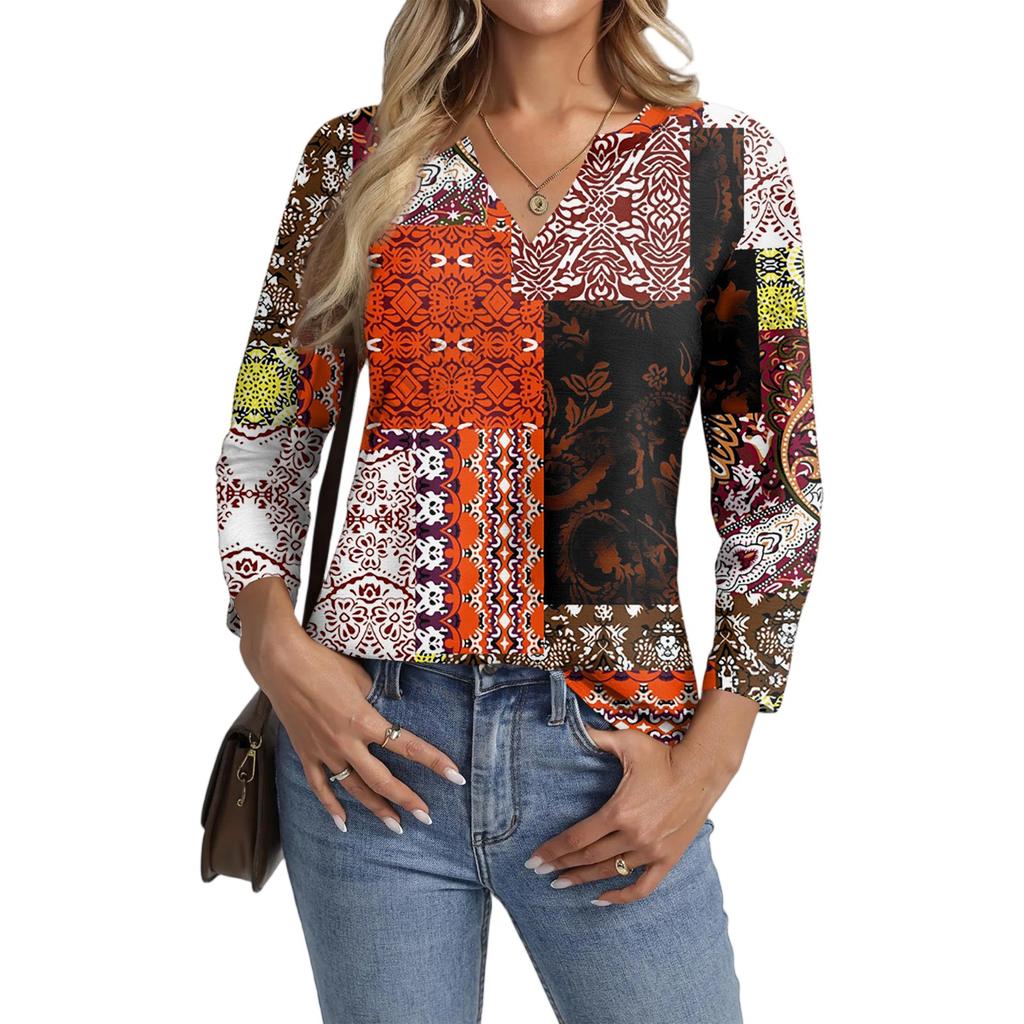Women's Casual Fashion Sexy Comfortable V-Neck Floral Seven Sleeve Top