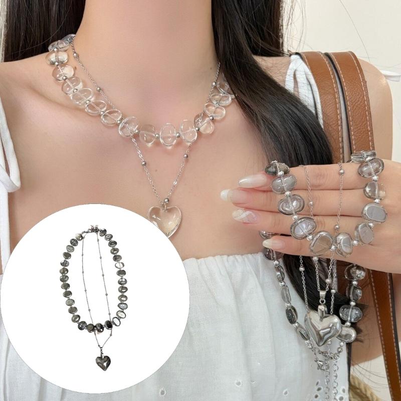 Fashionable Double Layer Beaded Necklace Vintage Irregular Heart Pendant Clavicle Chain Jewelry For Women