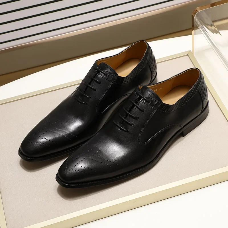Fashion Men's Blue/Black Genuine Leather Oxford Dress Shoes Handmade Luxury Lace-Up Formal Office Business Wedding Footwear
